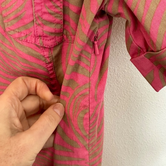 Lilly Pulitzer Shirt Dress Size 0 Pink Khaki V Neck Roll Tab Sleeves Palm Beachy - Picture 5 of 8